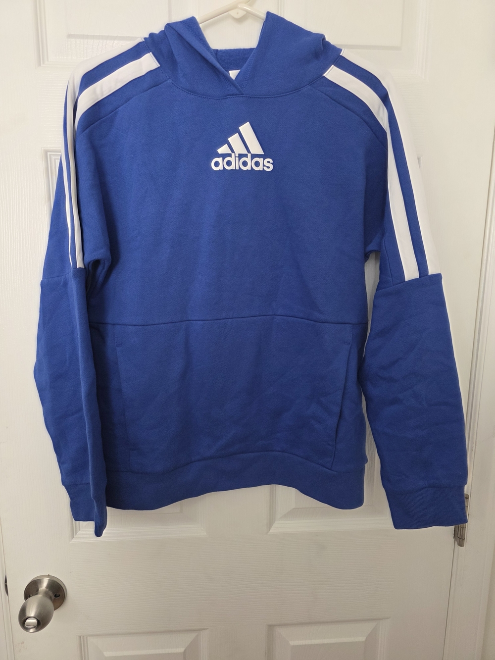 Adidas Boys XL 18/20 Hooded Sweatshirt Bright Blue 3-Stripe Fleece Hoodie NWT